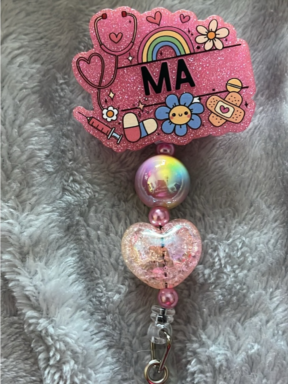Pink Glitter 'MA' Nurse Badge Reel with Heart Charm